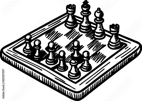 Hand drawn chessboard with classic pieces strategic game concept in vintage sketch illustration