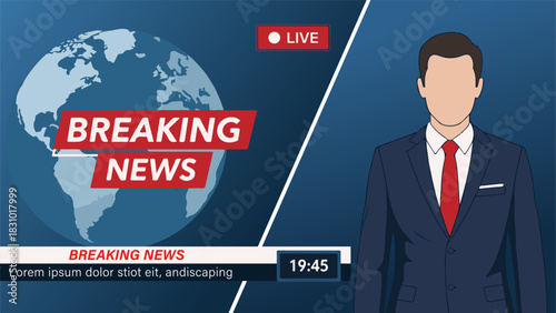 TV Breaking news reporter studio with broadcaster and breaking world background in a well decorated studio setup vector illustration.