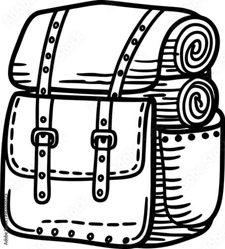 Camping backpack with rolled sleeping bag and blanket, vintage hiking gear illustration