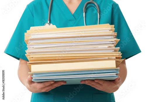 Healthcare professional holding a large stack of patient files isolated on transparent background