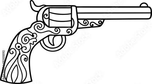 Ornate vintage revolver outline with decorative floral patterns and intricate swirl details