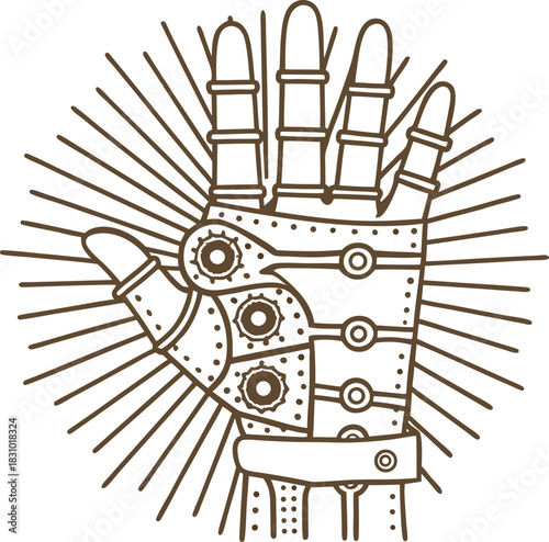 Mechanical steampunk hand with gears and rays, retro futuristic cybernetic palm illustration