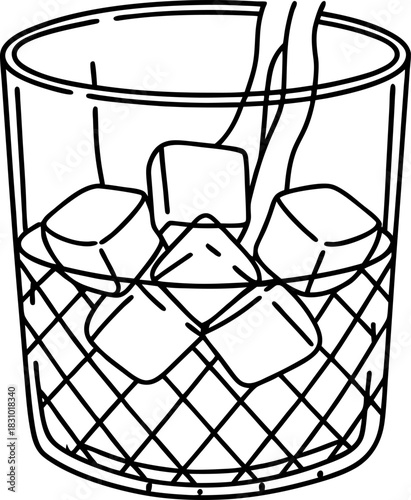 Glass of whiskey with ice cubes, alcoholic drink icon, simple black line illustration