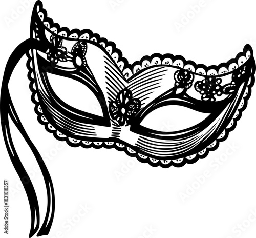 Decorative masquerade mask illustration with ornate lace details and elegant ribbon ties