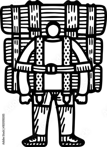 Hiker with oversized backpack minimalist line art mountaineer carrying heavy camping gear, adventure travel concept
