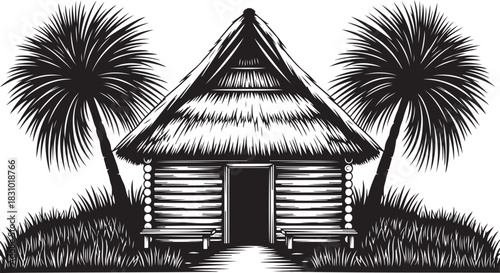 Black and white illustration of a tropical hut with palm trees and grass cabin bungalow