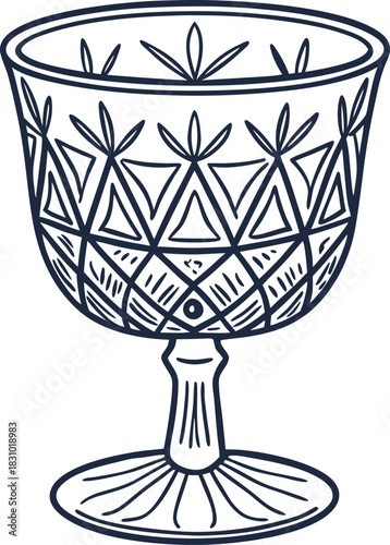Elegant vintage crystal wine goblet with ornate geometric cut glass pattern illustration