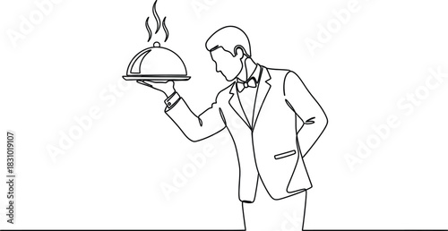 Elegant waiter serving food under cloche line art illustration on transparent background isolated on transparent background