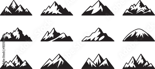 Collection of twelve black and white mountain silhouette icons on a white background