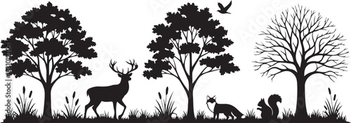 Silhouette forest scene with deer fox squirrel trees and bird vector illustration