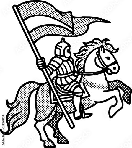 Medieval knight on rearing horse holding flag armored warrior riding charger in vintage engraving