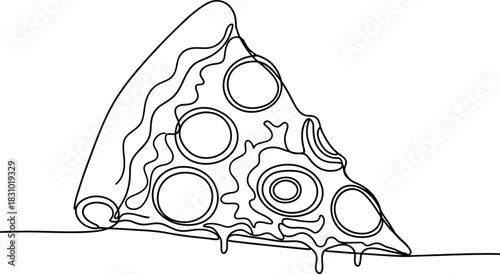 Single line drawing of a pizza slice with pepperoni and cheese drips isolated on transparent background