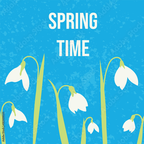 A spring card with cute snowdrops on an blue background. Vector illustration for congratulating relatives, clients, friends