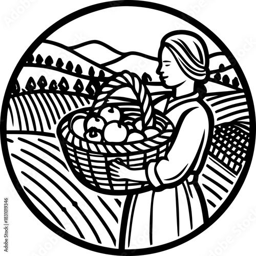 Woman carrying basket of apples in countryside farmland with hills and orchard background