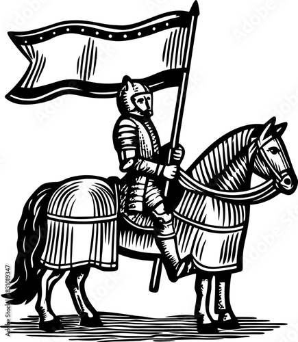Medieval knight on armored horse holding banner flag in vintage engraving
