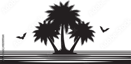Silhouette of three palm trees with bats flying over striped water vector illustration
