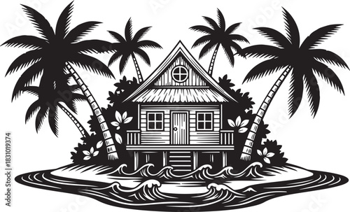 Tropical beach bungalow with palm trees and ocean waves in black and white island