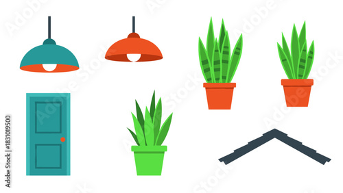 Illustration of interior design elements including lamps, potted plants, a door, and a roof corner, all in a flat, cartoon style.