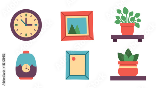 A collection of flat vector illustrations depicting a clock, alarm clock, two framed pictures, and two potted plants on shelves.