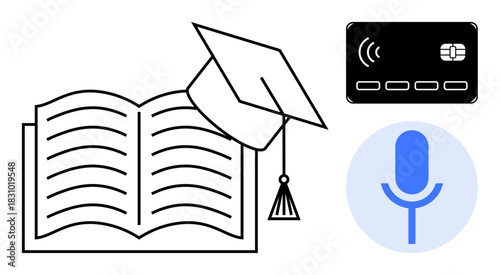 Open book paired with graduation cap, credit card, and microphone represents education, knowledge, digital innovation, finance, e-learning, technology and communication. Ideal for modern education