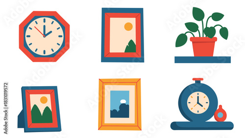 A collection of six colorful flat design icons of household decor items, including clocks, picture frames, and a potted plant.