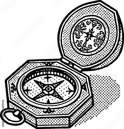 vintage octagonal compass with ornate lid and detailed needle illustration in engraving
