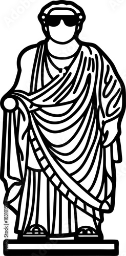 Roman statue in toga with modern sunglasses, classical figure line art illustration