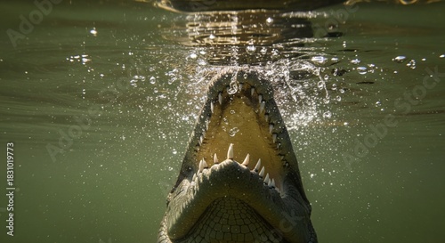 Underwater View of Crocodile Jaw Closing with Teeth and Water Splash