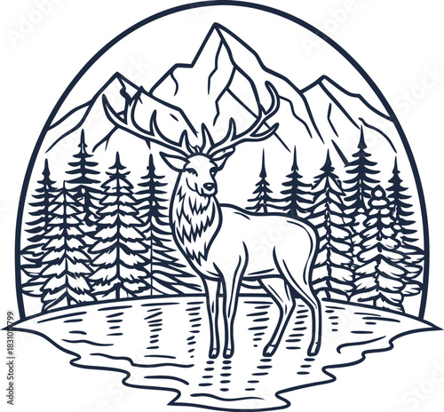 Majestic deer by mountain lake outline wilderness scene with forest, mountains and stag illustration