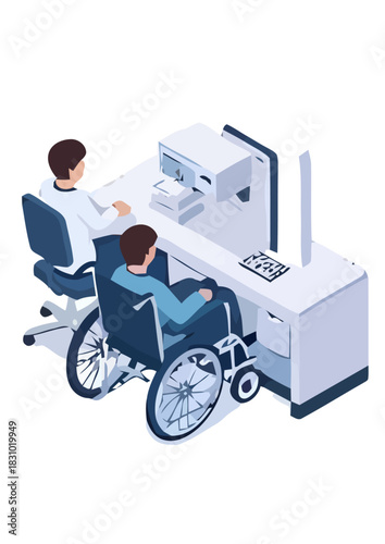 Doctor helping patient in wheelchair with technology at desk
