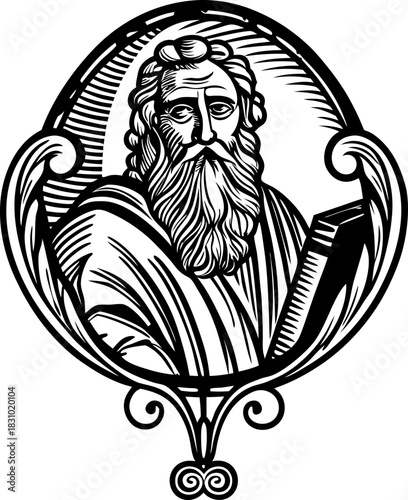 ancient wise man portrait in ornate circular frame vintage engraving black and white illustration