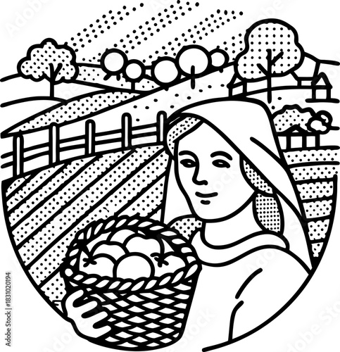 Woman farmer with basket of apples in rural countryside field and orchard landscape illustration