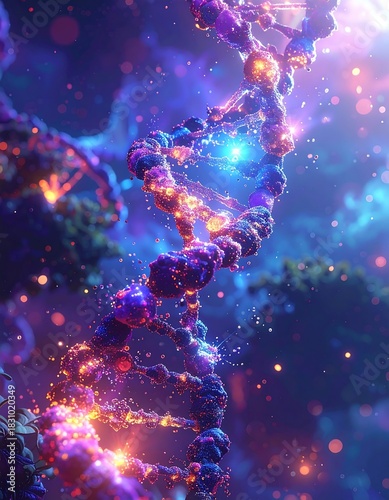Bioluminescent helix structure against cosmic bokeh, vibrant blues & orange, in otherworldly landscape, fantasy style
