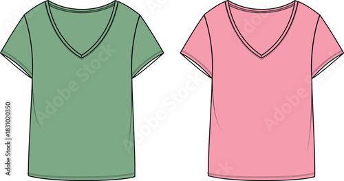 Two v neck tunic dresses in green and pink fashion illustration for design