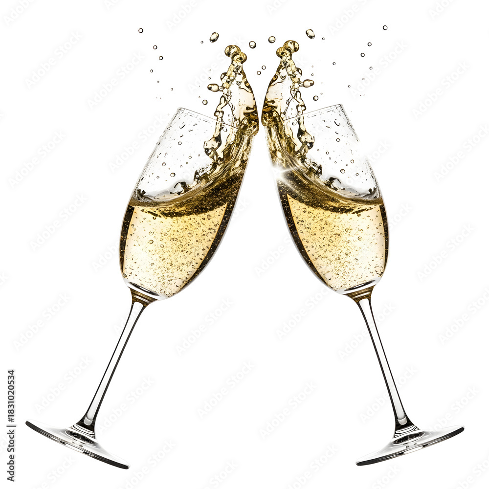 Fototapeta premium Two champagne glasses clinking with bubbly champagne creating a splash against a white background
