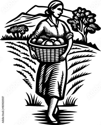 Woman farmer walking with basket of freshly harvested produce in rural agricultural landscape