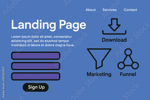 Digital marketing landing page design with download and funnel icons