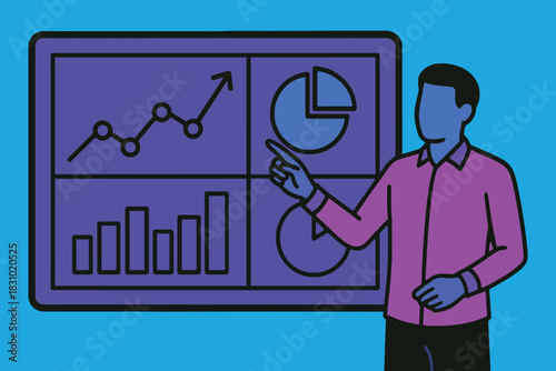 Man pointing at a digital dashboard with charts and graphs