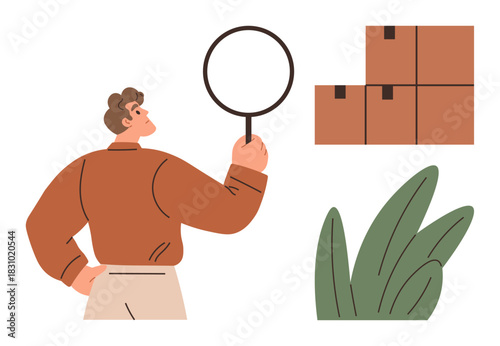 Person holding magnifying glass examining stacked brown boxes while standing near green foliage. Ideal for logistics, inspection, analysis, research, supply chain, organization, and quality control
