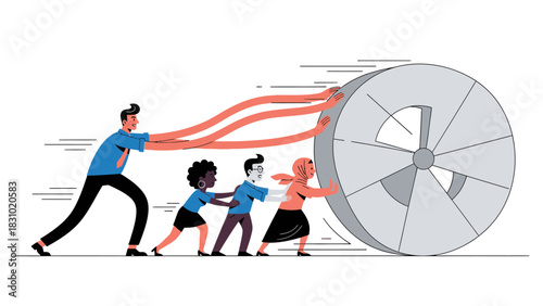 Elite diverse team synergy driving forward strategic momentum and corporate progress with intense collaboration effort.