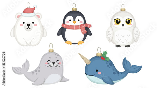 Festive Watercolor Animal Baubles Polar Bear, Penguin, Seal, Owl, and Narwhal