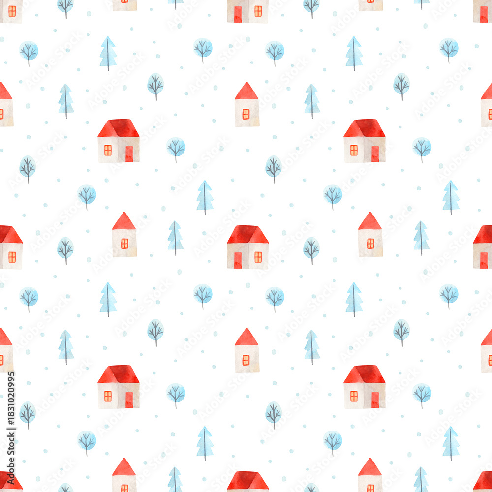 Fototapeta premium Cute children watercolor pattern. Cartoon houses and winter trees on white background. Seamless hand-drawn texture for textile or Christmas wrapping paper in Scandinavian style