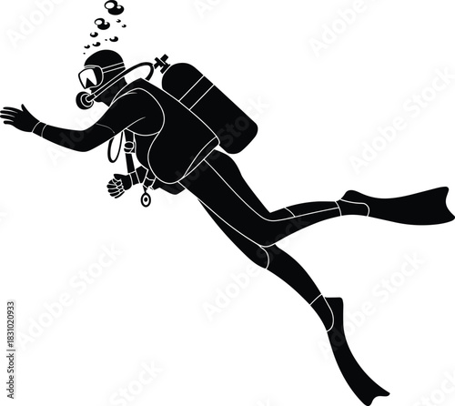 Scuba diver silhouette underwater, black vector, diving gear, fins, bubbles, mask, tank, snorkel, swimming pose, exploration scene