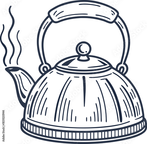 Vintage whistling kettle icon with steam, hand drawn teapot illustration in retro outline