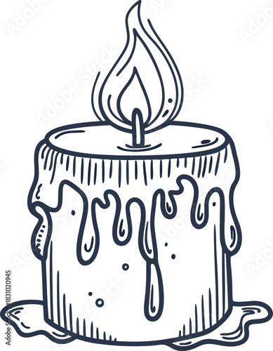 Melting wax candle with burning flame hand drawn sketch icon of dripping decorative candle