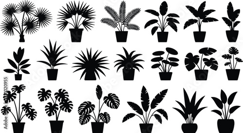 Potted plant silhouette set, black vector, indoor foliage, tropical leaves, botanical icons, decorative greenery, nature design, leaf shapes, collection