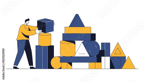 Architectural approach to system building, assembling a complex strategic framework with geometric shapes.