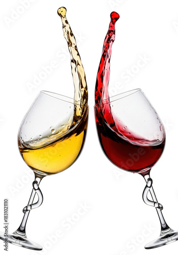 Two wine glasses clinking with splashes of red and white wine isolated on transparent background