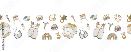 Baby and nature border set, hand-drawn vector horizontal seamless dividers with mountains, clothes, numbers, and strollers in neutral boho style for kids’ design and textile.