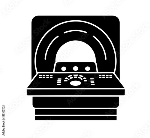 Sleek black and white CT scanner design element for modern hospital branding or medical technology content creation to enhance your project